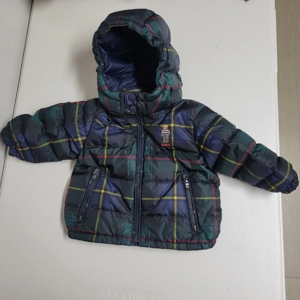 Ralph Lauren Polo Bear Plaid Down Hooded Jacket Baby 9M.